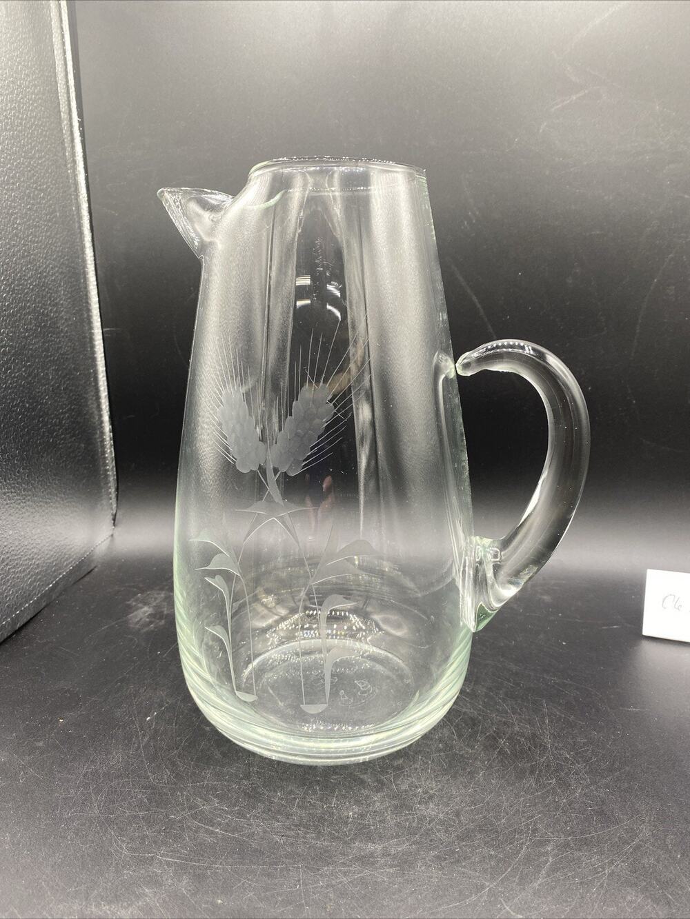 Vintage Art Glass Pitcher Needle etched? Flower Design Attached Handle 10.5”